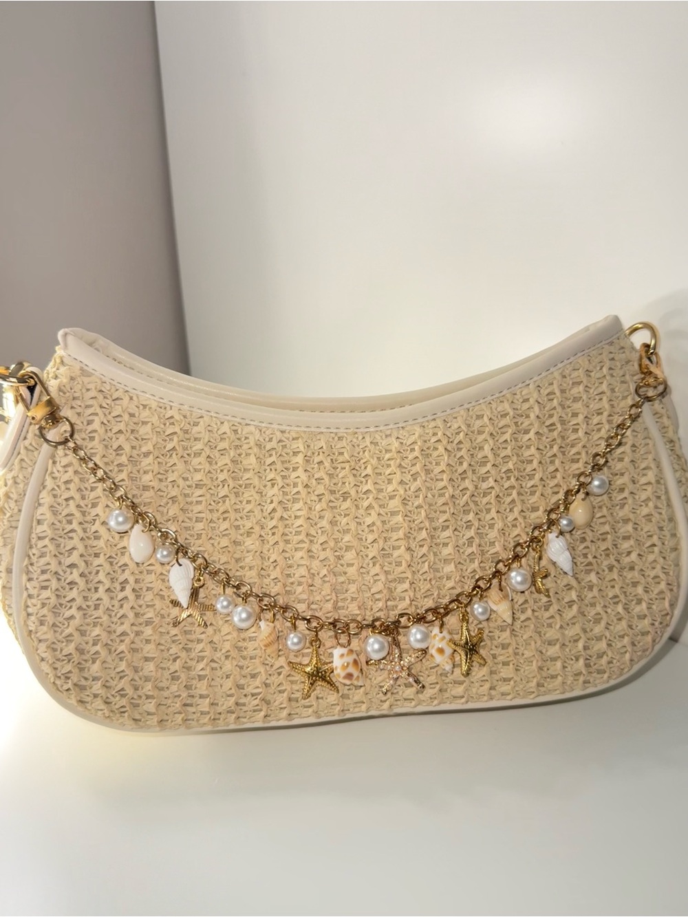 Woven Pearl & Shell Charm Shoulder Bag - Cream